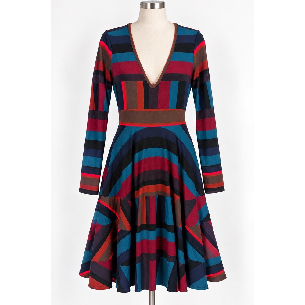 Plenty by Tracy Reese Midi Dress Womens S Multicolor Bold Stripe V-Neck Mod NWT
